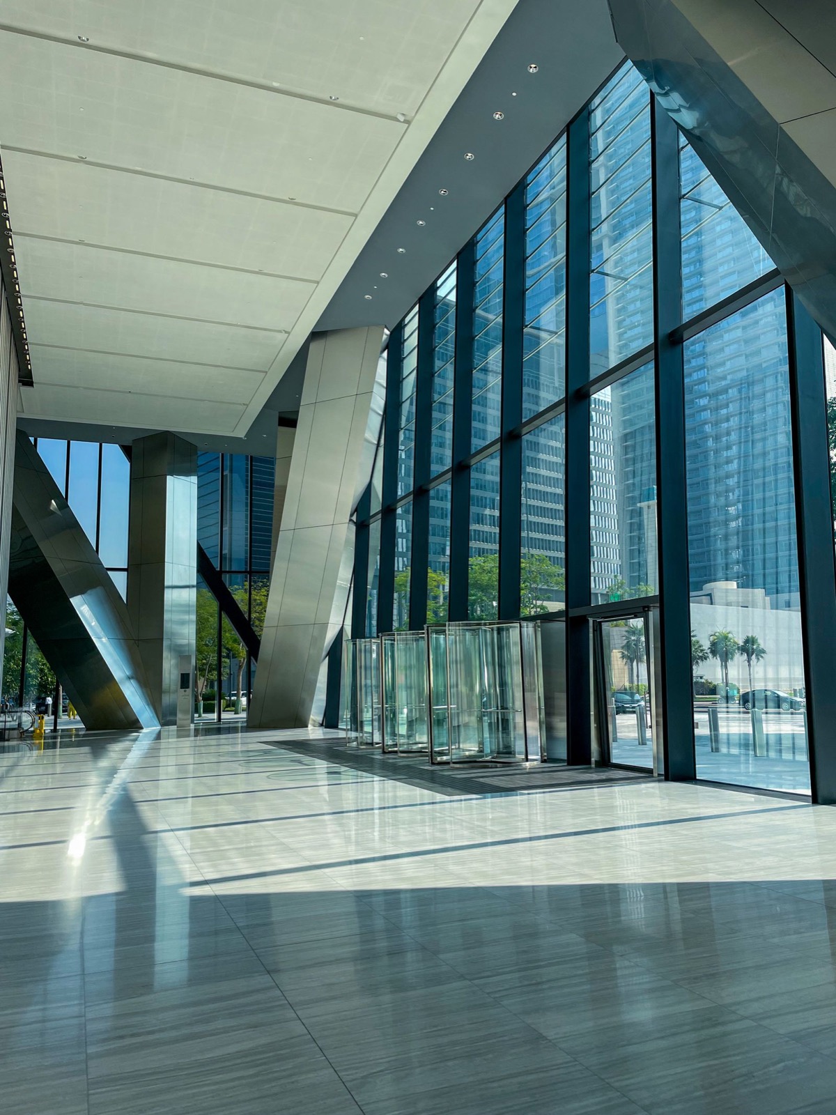 Interior architectural glazing in a modern lobby
